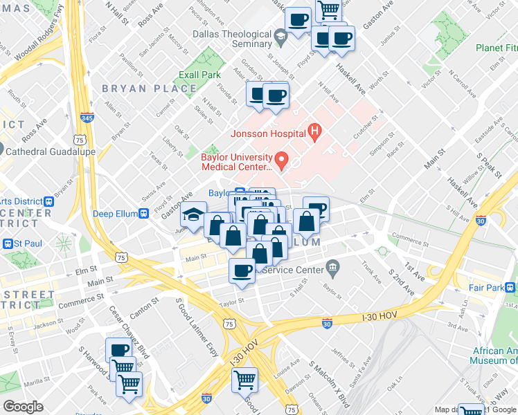 map of restaurants, bars, coffee shops, grocery stores, and more near 300 North Walton Street in Dallas