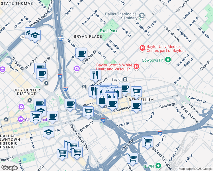 map of restaurants, bars, coffee shops, grocery stores, and more near 14 Monument Street in Dallas