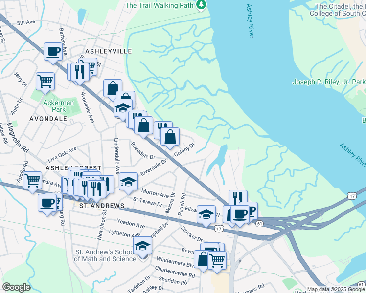 map of restaurants, bars, coffee shops, grocery stores, and more near 874 Colony Drive in Charleston