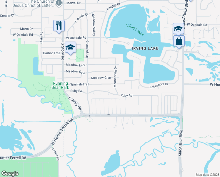 map of restaurants, bars, coffee shops, grocery stores, and more near 1948 Ruby Road in Irving