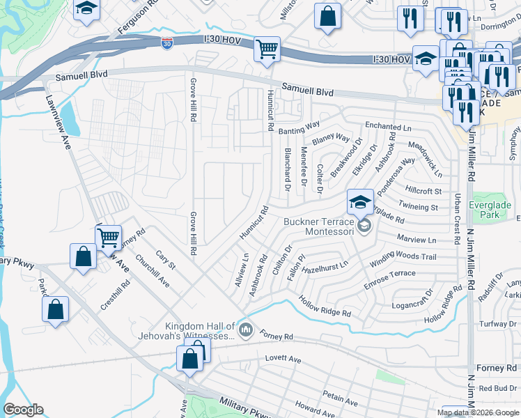 map of restaurants, bars, coffee shops, grocery stores, and more near 7140 Hunnicut Circle in Dallas