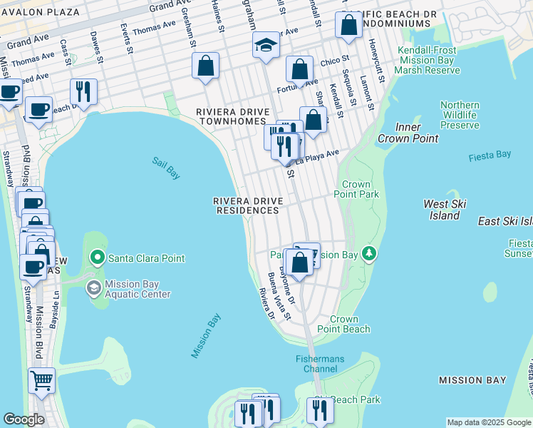 map of restaurants, bars, coffee shops, grocery stores, and more near 3663 Buena Vista Street in San Diego