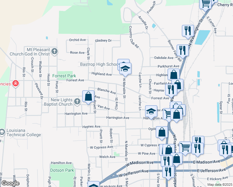 map of restaurants, bars, coffee shops, grocery stores, and more near 1001 Clara Street in Bastrop