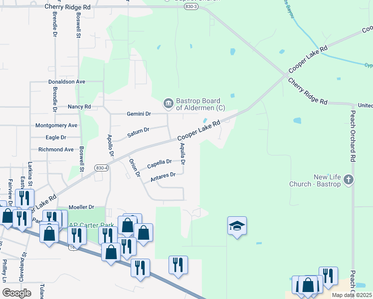 map of restaurants, bars, coffee shops, grocery stores, and more near 906 Aquila Drive in Bastrop
