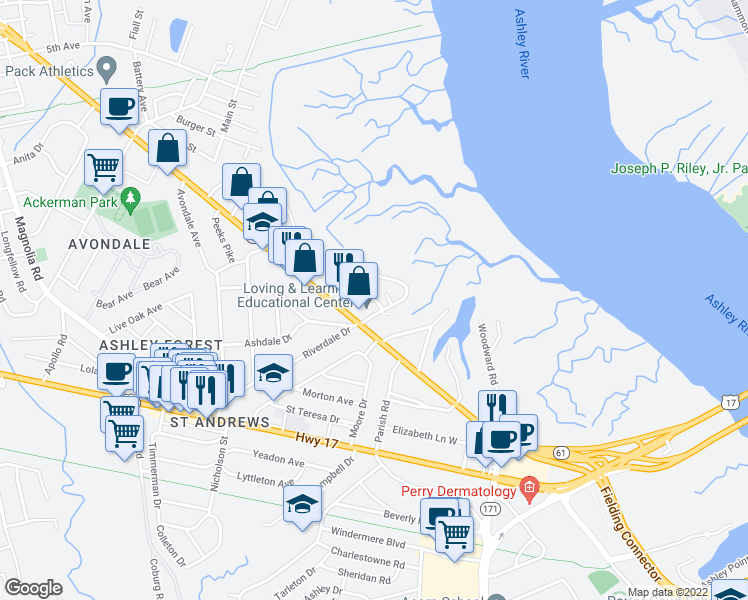 map of restaurants, bars, coffee shops, grocery stores, and more near 632 Saint Andrews Boulevard in Charleston