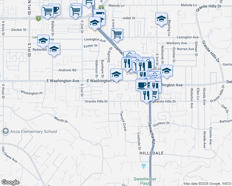 map of restaurants, bars, coffee shops, grocery stores, and more near 1375 East Washington Avenue in El Cajon