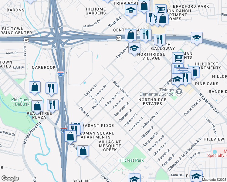 map of restaurants, bars, coffee shops, grocery stores, and more near 1502 Richard Street in Mesquite