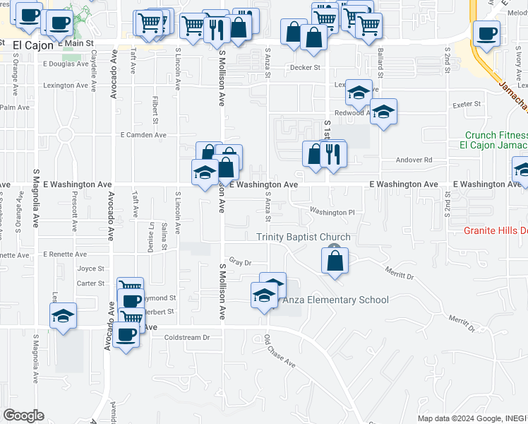 map of restaurants, bars, coffee shops, grocery stores, and more near 776 South Anza Street in El Cajon