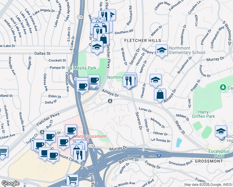 map of restaurants, bars, coffee shops, grocery stores, and more near 5636 Amaya Drive in La Mesa