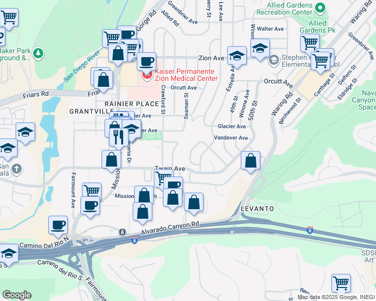 map of restaurants, bars, coffee shops, grocery stores, and more near 6182 Loukelton Circle in San Diego