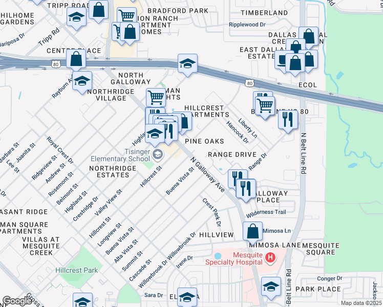 map of restaurants, bars, coffee shops, grocery stores, and more near 1716 North Galloway Avenue in Mesquite