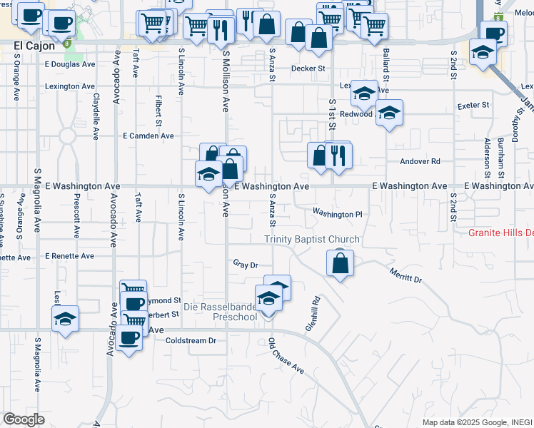 map of restaurants, bars, coffee shops, grocery stores, and more near 782 South Anza Street in El Cajon