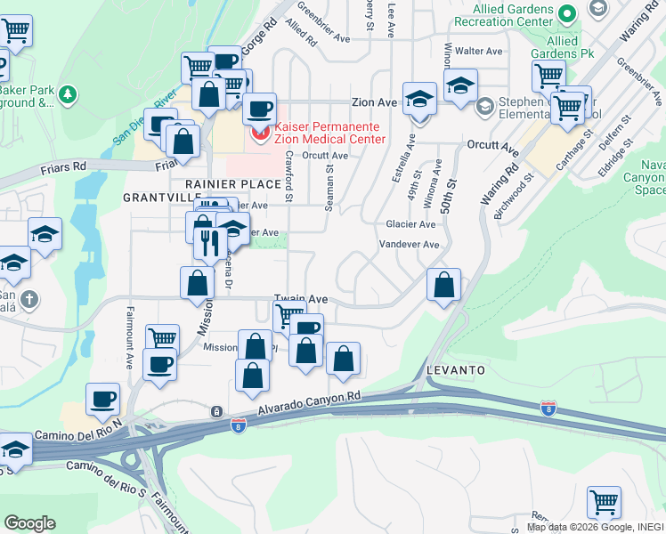 map of restaurants, bars, coffee shops, grocery stores, and more near 6182 Loukelton Circle in San Diego