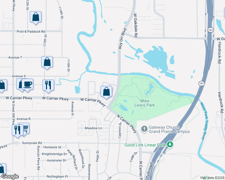 map of restaurants, bars, coffee shops, grocery stores, and more near 2804 Bristo Park Street in Grand Prairie