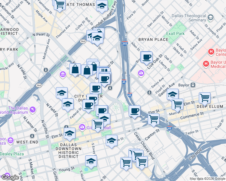 map of restaurants, bars, coffee shops, grocery stores, and more near 2218 Bryan Street in Dallas