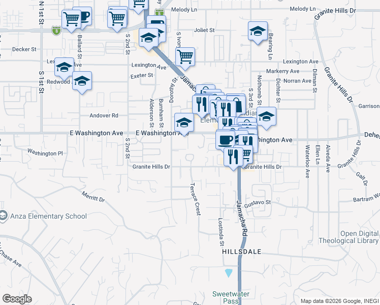 map of restaurants, bars, coffee shops, grocery stores, and more near 1375 East Washington Avenue in El Cajon