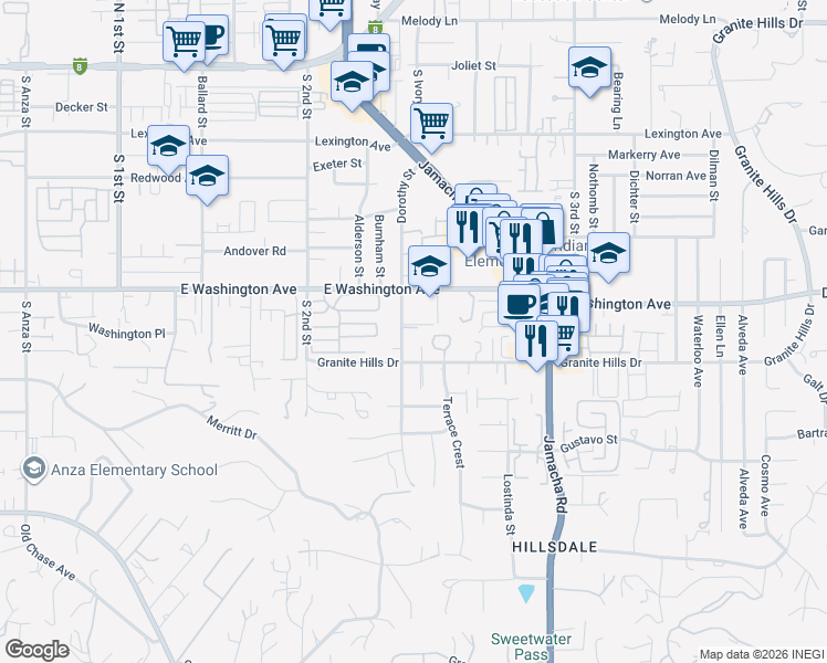 map of restaurants, bars, coffee shops, grocery stores, and more near 1375 East Washington Avenue in El Cajon