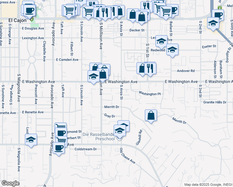 map of restaurants, bars, coffee shops, grocery stores, and more near 784 South Anza Street in El Cajon