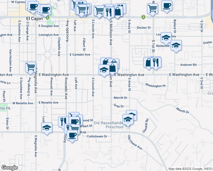 map of restaurants, bars, coffee shops, grocery stores, and more near 746 South Mollison Avenue in El Cajon