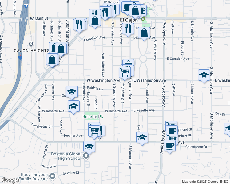 map of restaurants, bars, coffee shops, grocery stores, and more near 735 South Sunshine Avenue in El Cajon