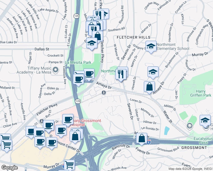 map of restaurants, bars, coffee shops, grocery stores, and more near 5679 Amaya Drive in La Mesa