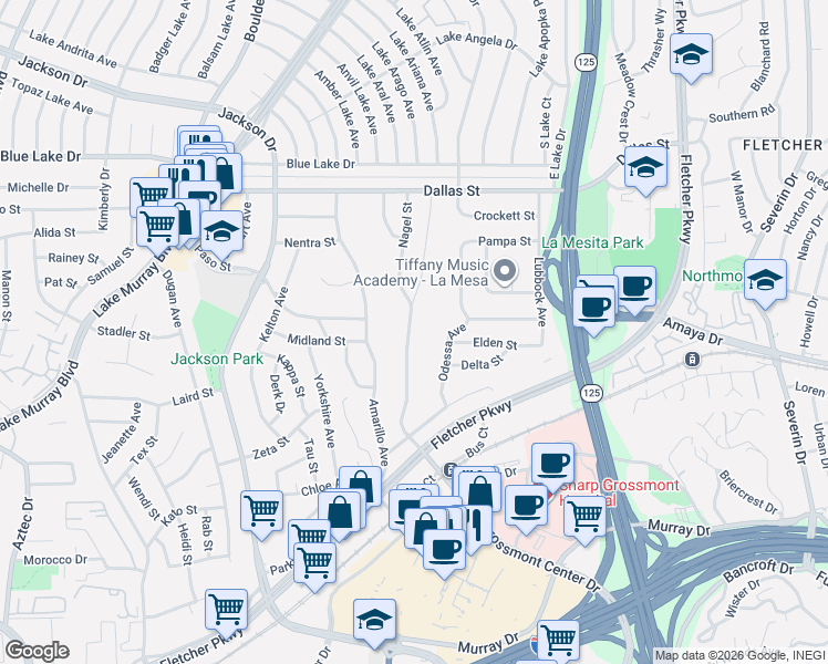 map of restaurants, bars, coffee shops, grocery stores, and more near 5935 Sarita Street in La Mesa