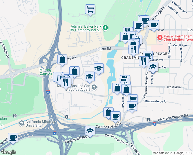 map of restaurants, bars, coffee shops, grocery stores, and more near 6295 Rancho Mission Rd in San Diego