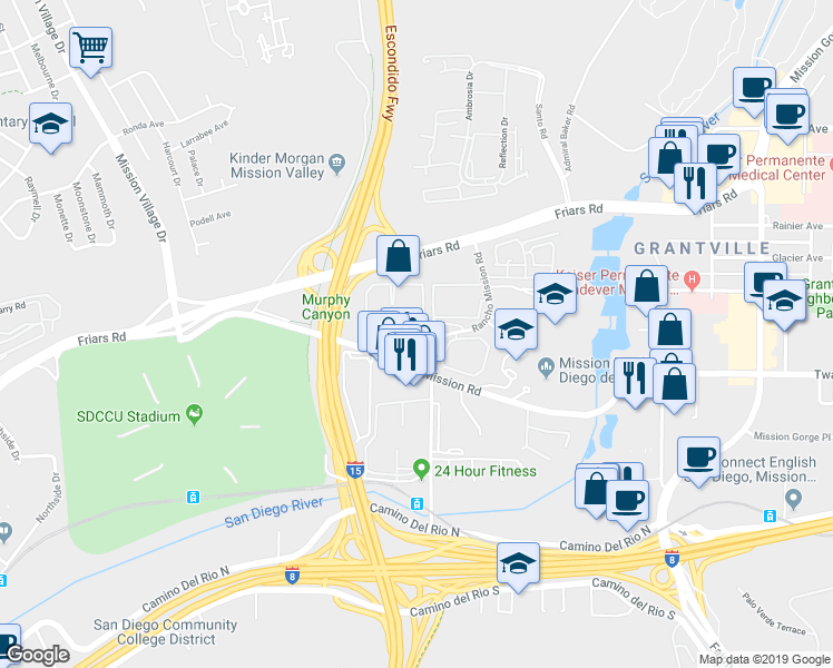 map of restaurants, bars, coffee shops, grocery stores, and more near 10250 Caminito Cuervo in San Diego