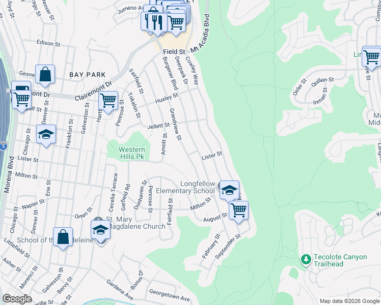map of restaurants, bars, coffee shops, grocery stores, and more near 2537 Grandview Street in San Diego