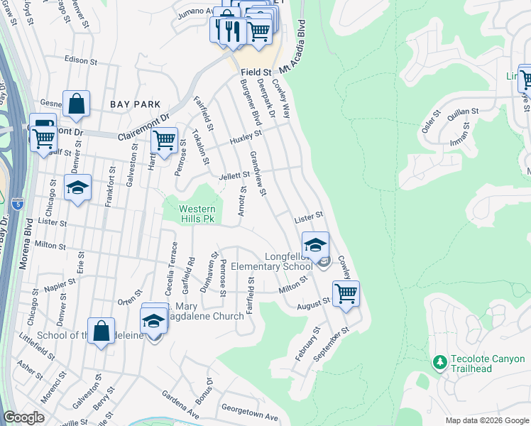 map of restaurants, bars, coffee shops, grocery stores, and more near 2537 Grandview Street in San Diego