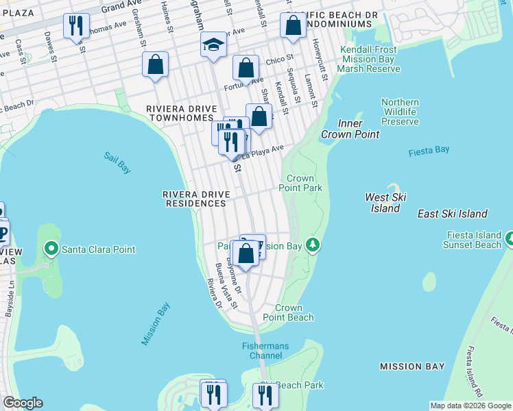 map of restaurants, bars, coffee shops, grocery stores, and more near 3702 Crown Point Drive in San Diego