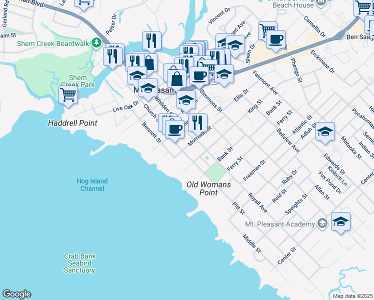 map of restaurants, bars, coffee shops, grocery stores, and more near 320 Morrison Street in Mount Pleasant