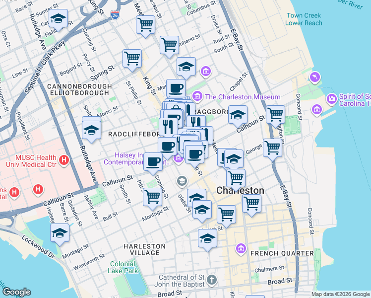 map of restaurants, bars, coffee shops, grocery stores, and more near 404 King Street in Charleston