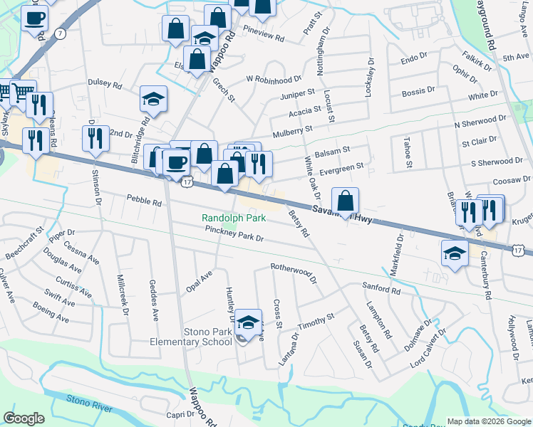 map of restaurants, bars, coffee shops, grocery stores, and more near 1649 Savannah Highway in Charleston