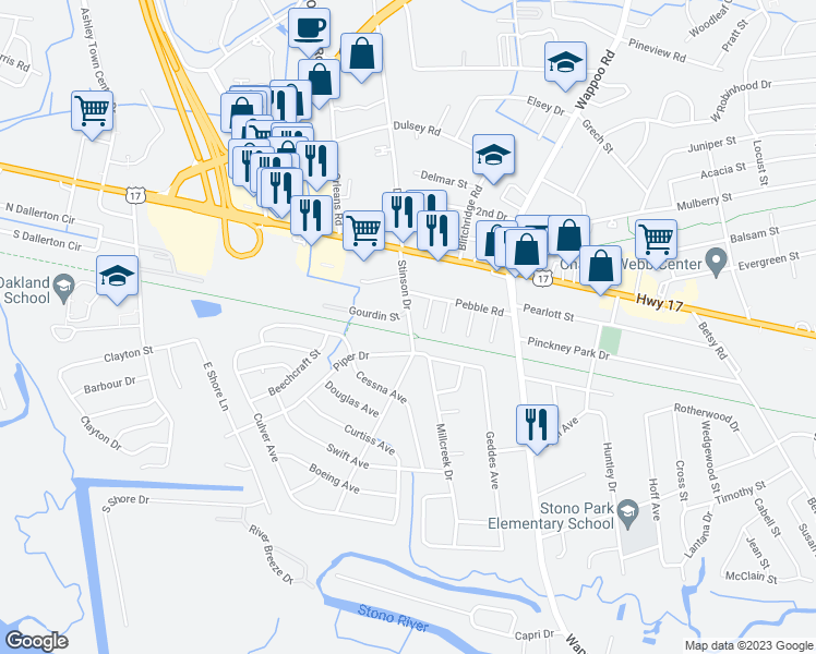 map of restaurants, bars, coffee shops, grocery stores, and more near 525 Stinson Drive in Charleston