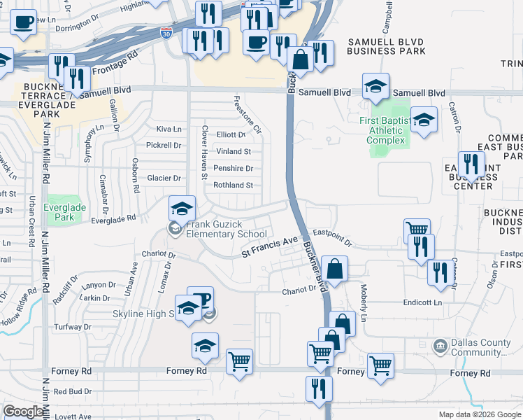 map of restaurants, bars, coffee shops, grocery stores, and more near 5121 Freestone Circle in Dallas