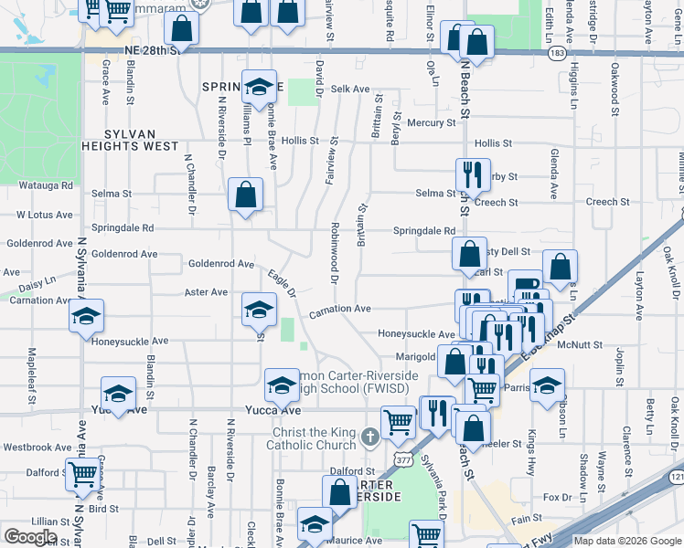 map of restaurants, bars, coffee shops, grocery stores, and more near 1817 Brittain Street in Fort Worth