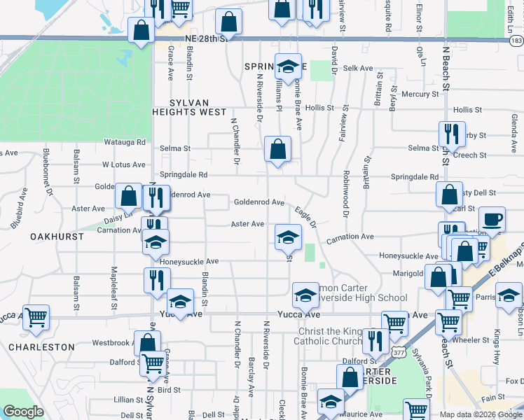 map of restaurants, bars, coffee shops, grocery stores, and more near 1901 North Riverside Drive in Fort Worth