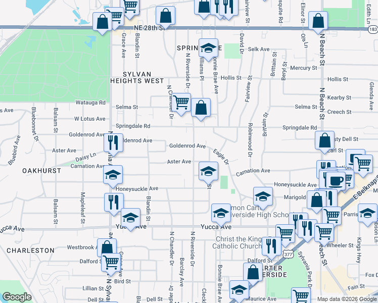 map of restaurants, bars, coffee shops, grocery stores, and more near 1901 North Riverside Drive in Fort Worth