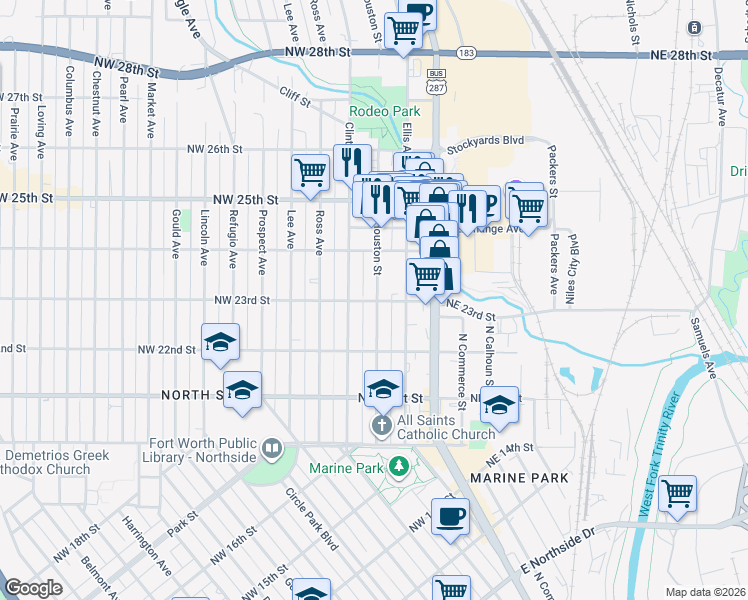 map of restaurants, bars, coffee shops, grocery stores, and more near 2308 North Houston Street in Fort Worth