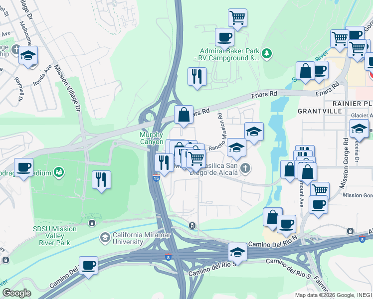 map of restaurants, bars, coffee shops, grocery stores, and more near Caminito Cuervo in San Diego