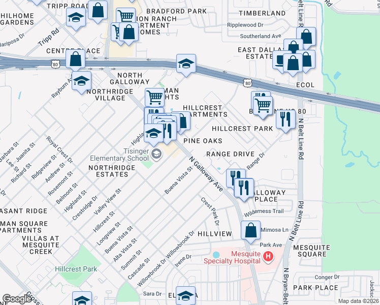 map of restaurants, bars, coffee shops, grocery stores, and more near 1732 North Galloway Avenue in Mesquite
