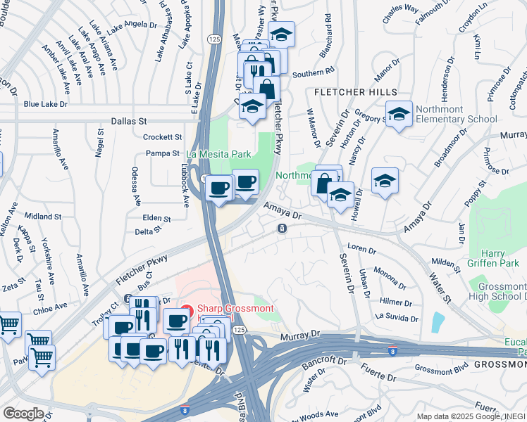map of restaurants, bars, coffee shops, grocery stores, and more near 5629 Amaya Drive in La Mesa
