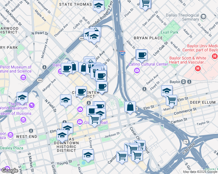 map of restaurants, bars, coffee shops, grocery stores, and more near 2607 Bryan Street in Dallas