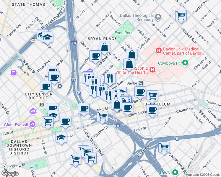 map of restaurants, bars, coffee shops, grocery stores, and more near 2636 Swiss Avenue in Dallas
