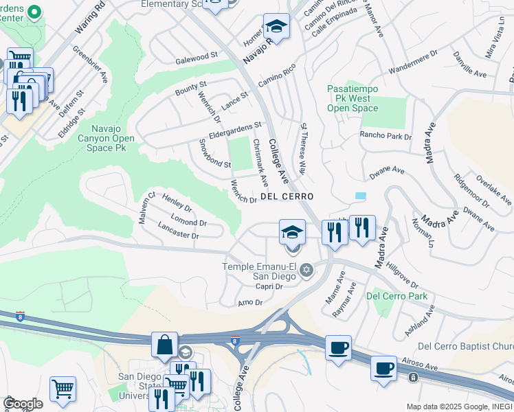 map of restaurants, bars, coffee shops, grocery stores, and more near 6026 Chrismark Avenue in San Diego