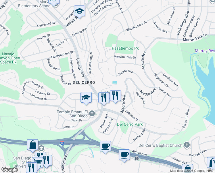 map of restaurants, bars, coffee shops, grocery stores, and more near 5945 Caminito De La Taza in San Diego