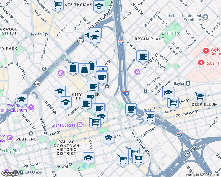 map of restaurants, bars, coffee shops, grocery stores, and more near 2218 Bryan Street in Dallas