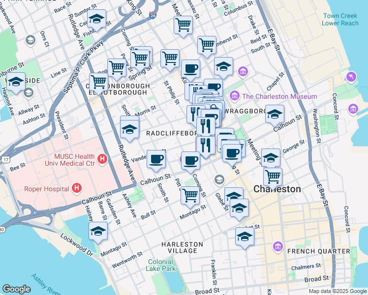 map of restaurants, bars, coffee shops, grocery stores, and more near 124 Coming Street in Charleston