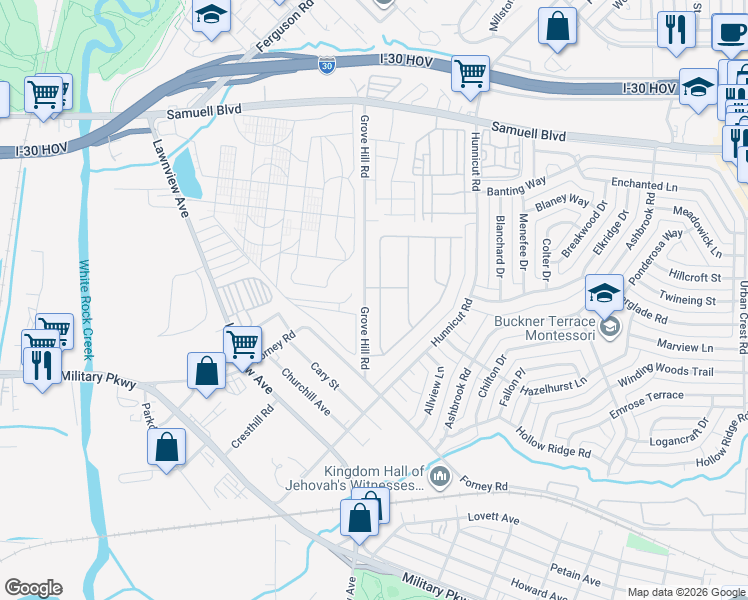 map of restaurants, bars, coffee shops, grocery stores, and more near 2912 Vacherie Lane in Dallas
